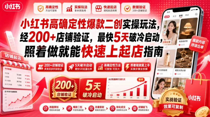 小红书高确定性爆款二创实操玩法,经200+店铺验证,最快5天破冷启动,照着做就能快速上起店指南-来缘阁