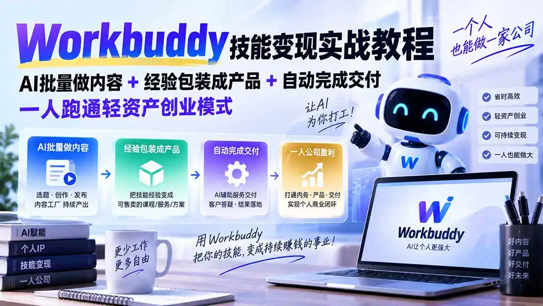 Workbuddy技能变现实战教程：AI批量做内容+经验包装成产品+自动完成交付，一人跑通轻资产创业模式-来缘阁