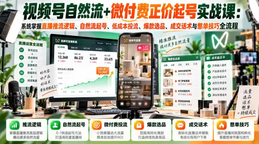 视频号自然流+微付费正价起号实战课:系统掌握直播推流逻辑、自然流起号、低成本投流、爆款选品、成交话术与憋单技巧全流程-来缘阁