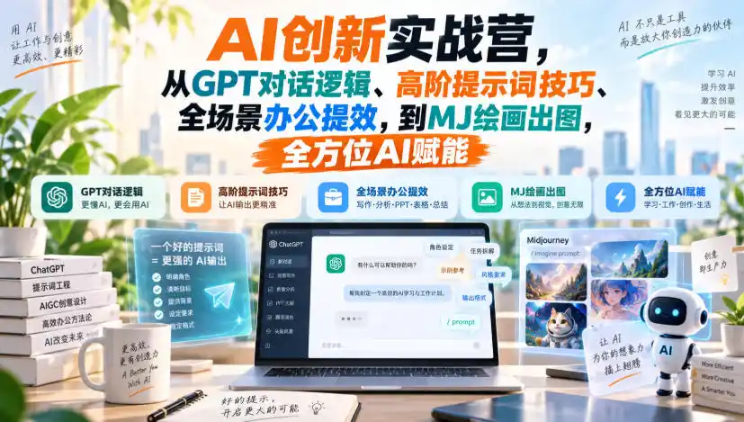 AI创新实战营，从GPT对话逻辑、高阶提示词技巧、全场景办公提效，到MJ绘画出图，全方位AI赋能-来缘阁