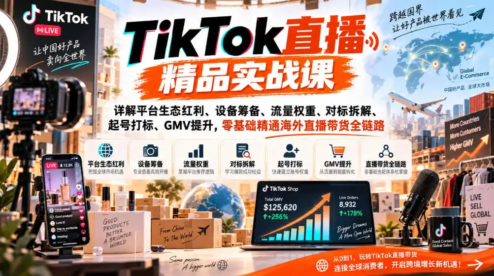 TikTok直播精品实战课，详解平台生态红利、设备筹备、流量权重、对标拆解、起号打标、GMV提升，零基础精通海外直播带货全链路-来缘阁