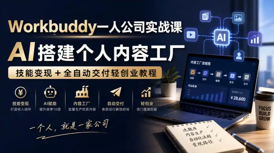 Workbuddy一人公司实战课，AI搭建个人内容工厂，技能变现+全自动交付轻创业教程-来缘阁