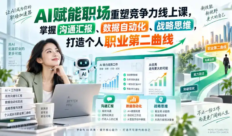 AI赋能职场重塑竞争力线上课,掌握沟通汇报、数据自动化、战略思维,打造个人职业第二曲线-来缘阁