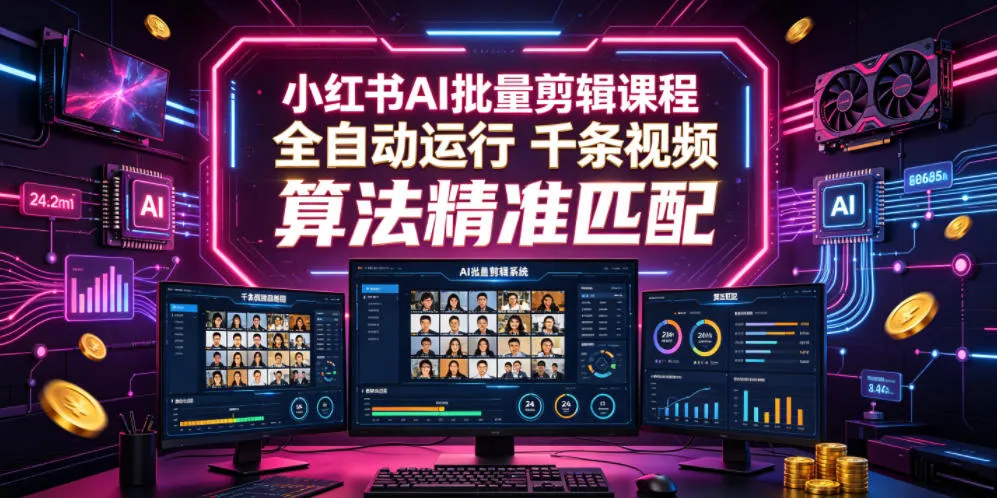 小红书AI批量剪辑课程，24小时全自动运行，解放双手专注运营，千条视频批量处理，小红书算法精准匹配-来缘阁