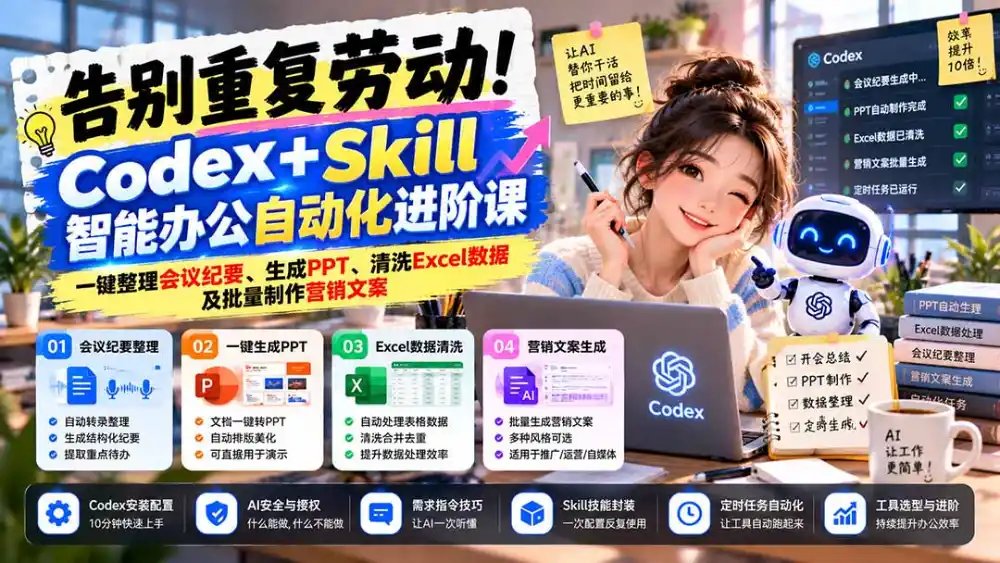 告别重复劳动!Codex+Skill智能办公自动化进阶课:一键整理会议纪要、生成PPT、清洗Excel数据及批量制作营销文案-来缘阁