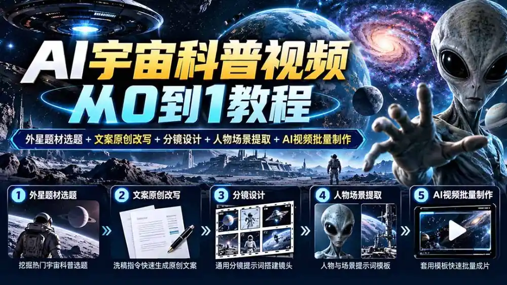 AI宇宙科普视频从0到1教程｜外星题材选题+文案原创改写+分镜设计+人物场景提取+AI视频批量制作-来缘阁