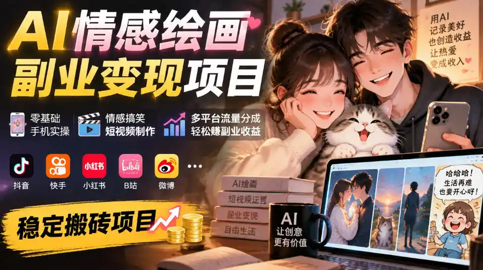 AI情感绘画副业变现项目｜零基础手机实操，情感搞笑短视频制作，多平台流量分成轻松賺副业收益-来缘阁