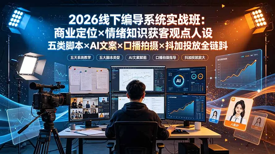 2026线下编导系统实战班：商业定位×情绪知识获客观点人设五类脚本×AI文案×口播拍摄×抖加投放全链路-来缘阁