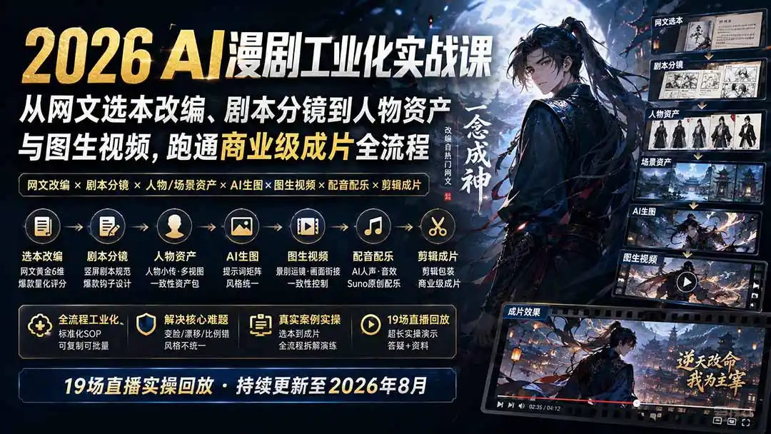 2026 AI漫剧工业化实战课-更新：从网文选本改编、剧本分镜到人物资产与图生视频，跑通商业级成片全流程-来缘阁