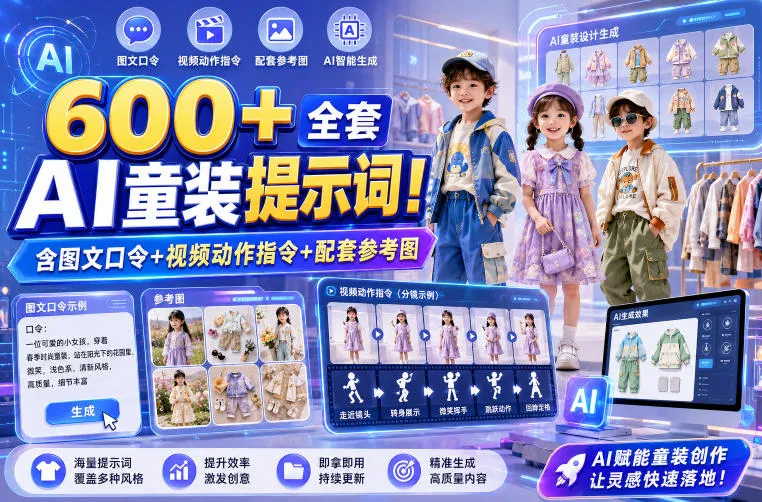 600+全套AI童装提示词！含图文口令+视频动作指令+配套参考图，Word-Excel规整分类，童装电商、种草无脑量产内容！-来缘阁