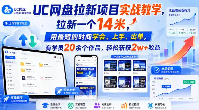 UC网盘拉新项目实战教学,拉新一个14米,用最短的时间学会、上手、出单,有学员20余个作品,轻松斩获2w+收益-来缘阁