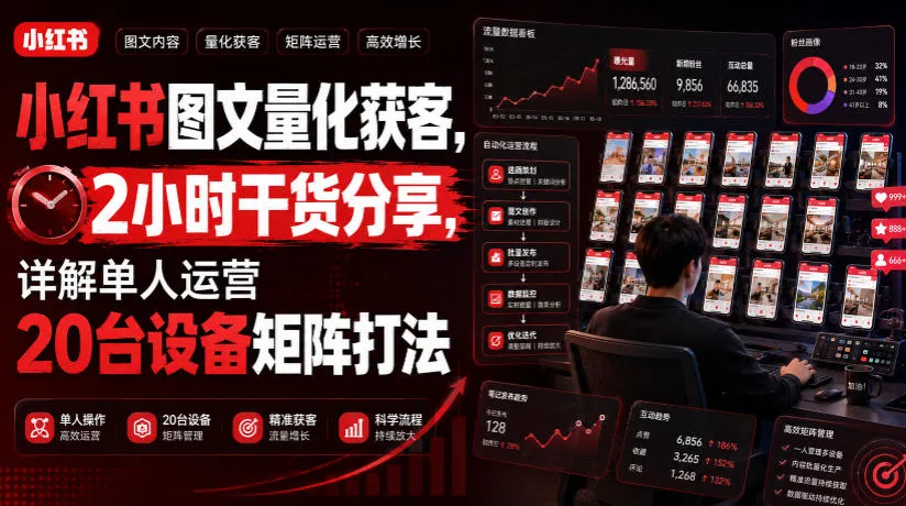 小红书图文量化获客,2小时干货分享,详解单人运营20台设备矩阵打法-来缘阁