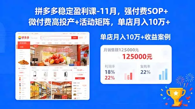 拼多多稳定盈利课-11月，强付费SOP+微付费高投产+活动矩阵，单店月入10w+-来缘阁