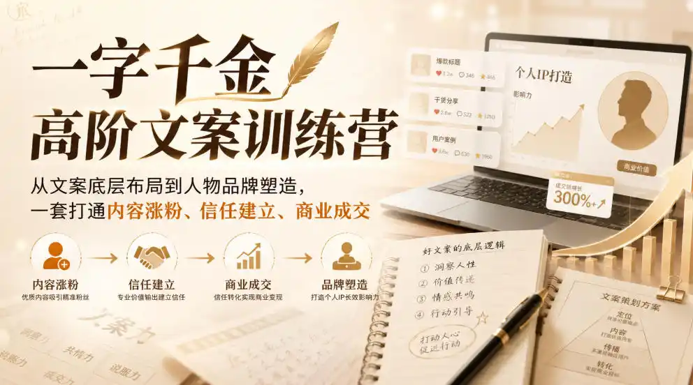 一字千金高阶文案训练营，从文案底层布局到人物品牌塑造，一套打通内容涨粉、信任建立、商业成交-来缘阁