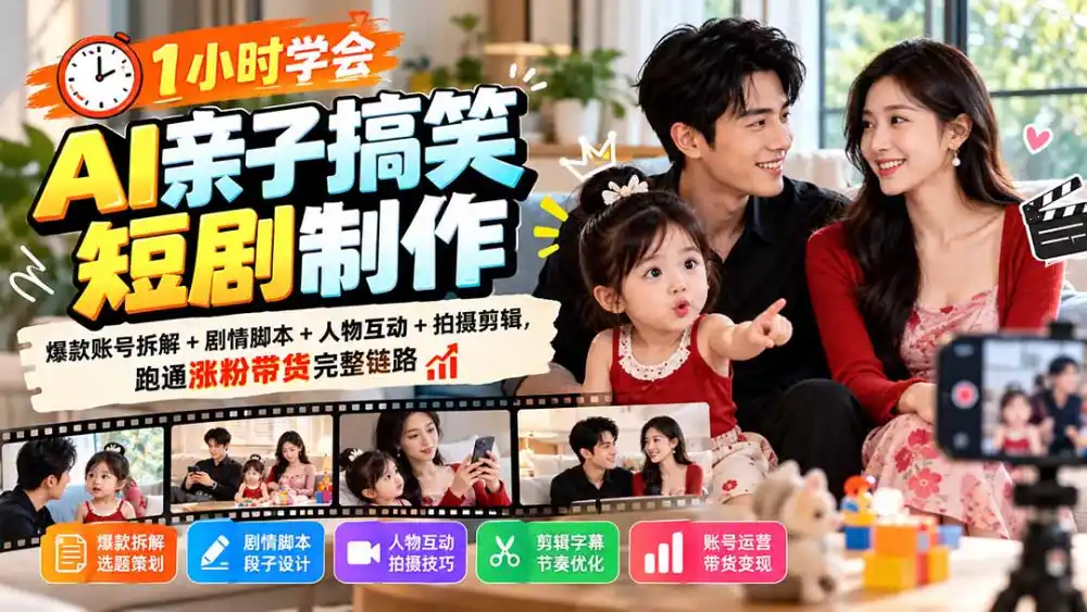 1小时学会AI亲子搞笑短剧制作：爆款账号拆解+剧情脚本+人物互动+拍摄剪辑，跑通涨粉带货完整链路-来缘阁