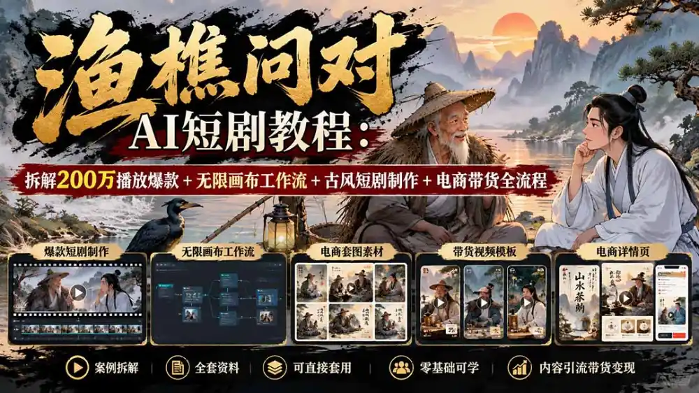 【无水印】渔樵问对AI短剧教程:拆解200万播放爆款+无限画布工作流+古风短剧制作+电商带货全流程-来缘阁