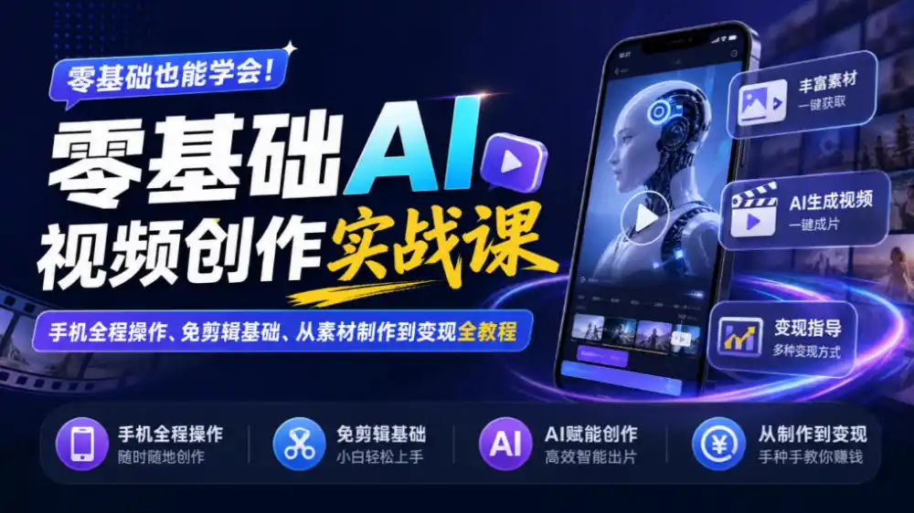 零基础AI视频创作实战课｜手机全程操作、免剪辑基础、从素材制作到变现全教程-来缘阁