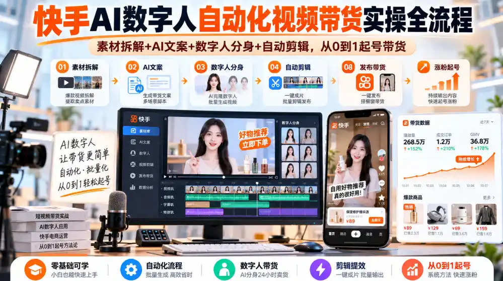 快手AI数字人自动化视频带货实操全流程|素材拆解+AI文案+数字人分身+自动剪辑,从0到1起号带货(更新26年)-来缘阁