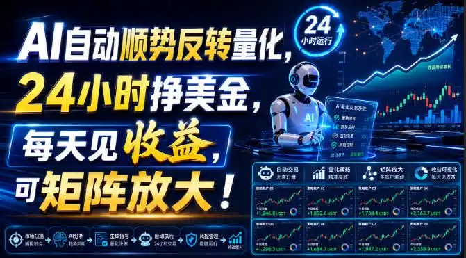 AI自动顺势反转量化，24小时挣美金，每天见收益，可矩阵放大！【揭秘】-来缘阁