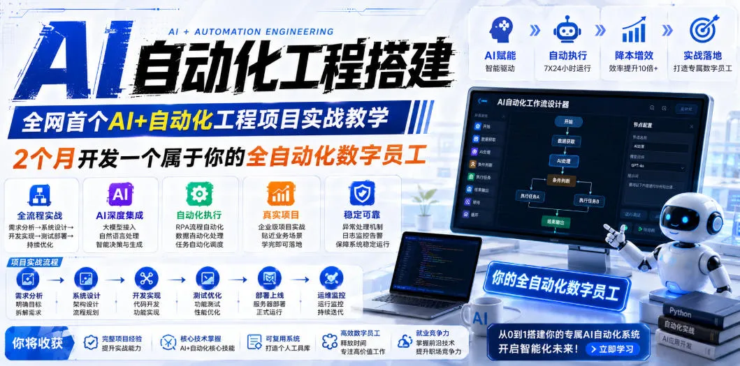 AI自动化工程搭建，全网首个Al+自动化工程项目实战教学，2个月开发一个属于你的全自动化数字员工，从0到1全栈实战-来缘阁