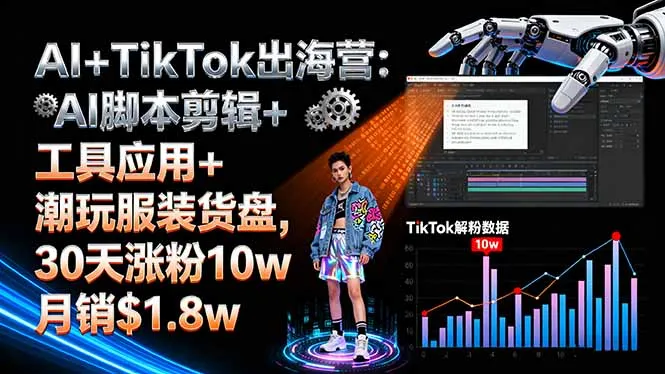AI+TikTok出海营:AI脚本剪辑+工具应用+潮玩服装货盘,30天涨粉10w月销$1.8w-来缘阁