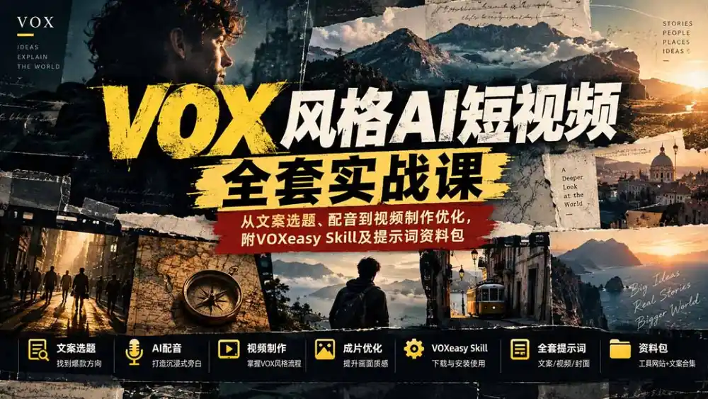 【无水印】VOX风格AI短视频全套实战课:从文案选题、配音到视频制作优化,附VOXeasy Skill及提示词资料包-来缘阁