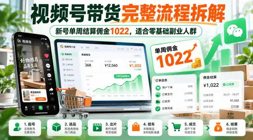 视频号带货完整流程拆解，新号单周结算佣金1022，适合零基础副业人群-来缘阁