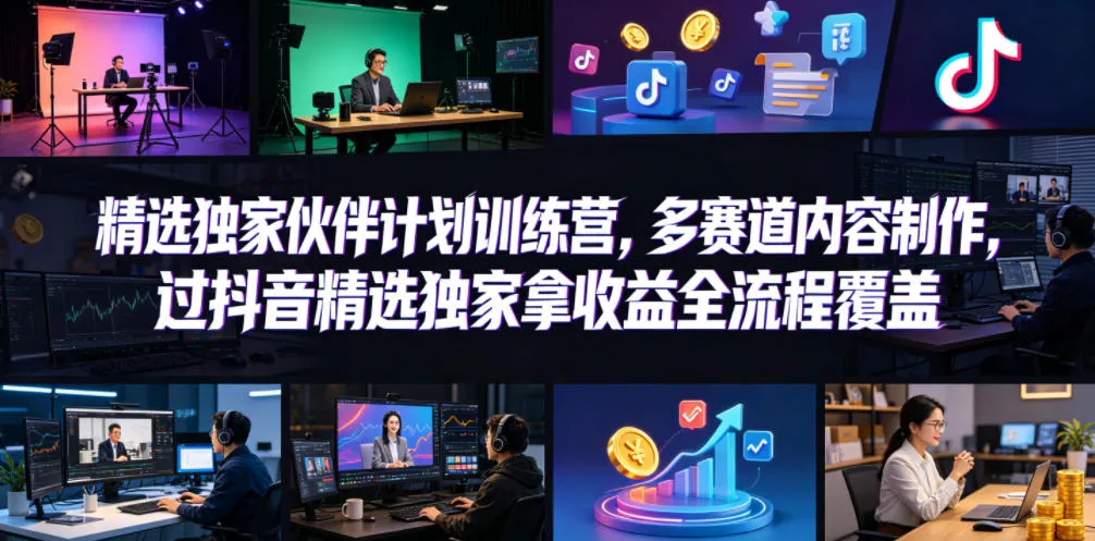 小豁食堂精选独家伙伴计划训练营，多赛道内容制作，过抖音精选独家拿收益全流程覆盖-来缘阁