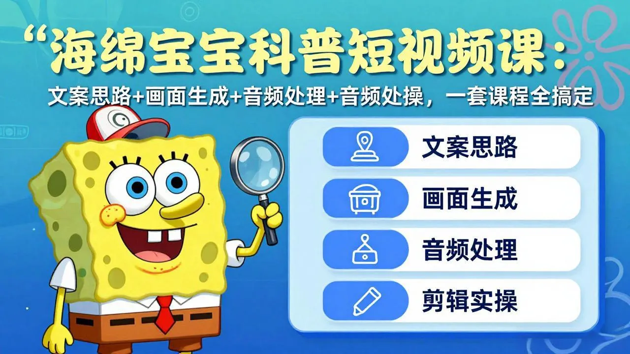 海绵宝宝科普短视频课：文案思路+画面生成+音频处理+剪辑实操，一套课程全搞定-来缘阁