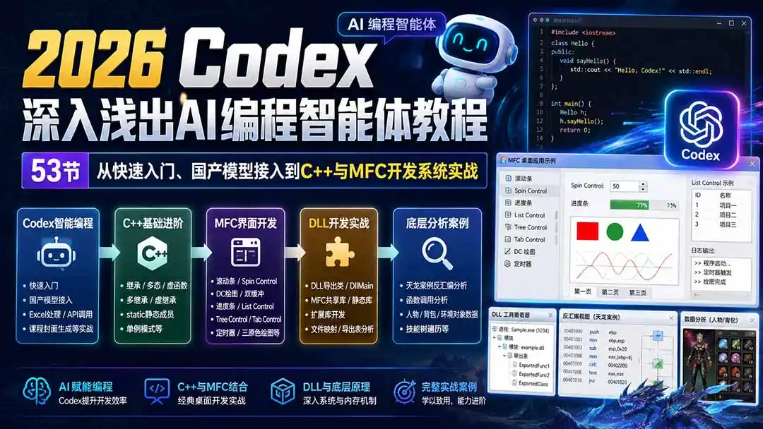 2026 Codex深入浅出AI编程智能体教程：53节从快速入门、国产模型接入到C++与MFC开发系统实战-来缘阁