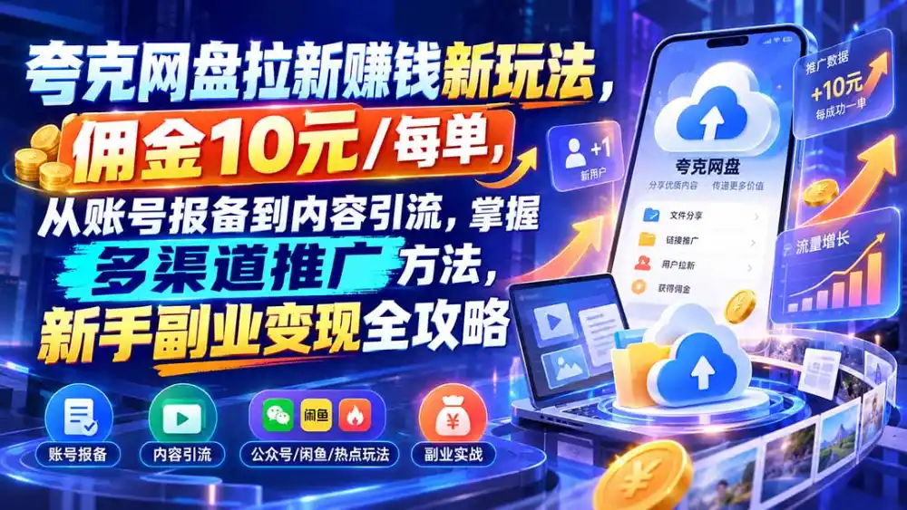 夸克网盘拉新赚钱新玩法,佣金10元/每单,从账号报备到内容引流,掌握多渠道推广方法,新手副业变现全攻略-来缘阁