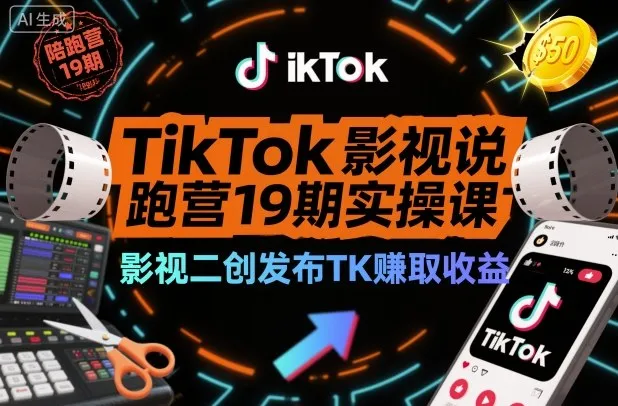 TikTok影视解说陪跑营19期实操课，影视二创发布TK賺取收益，万播收益50美金-来缘阁