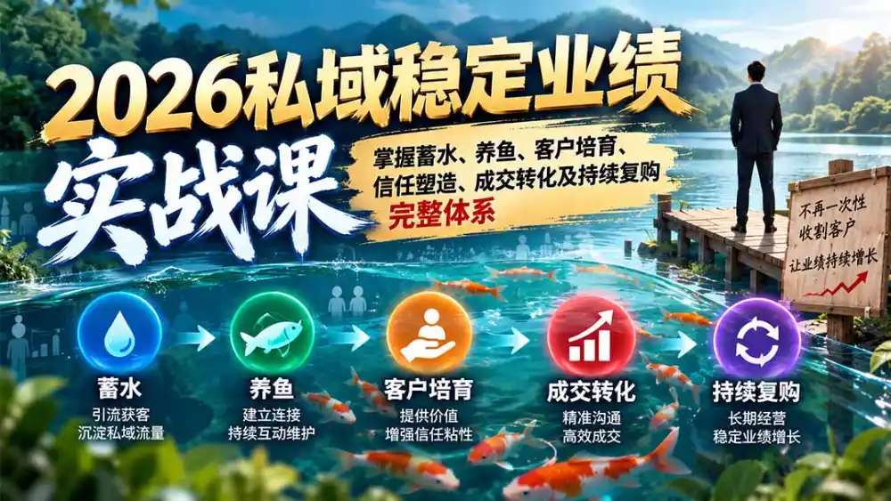 2026私域稳定业绩实战课：掌握蓄水、养鱼、客户培育、信任塑造、成交转化及持续复购完整体系-来缘阁