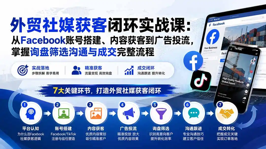 外贸社媒获客闭环实战课：从Facebook账号搭建、内容获客到广告投流，掌握询盘筛选沟通与成交完整流程-来缘阁