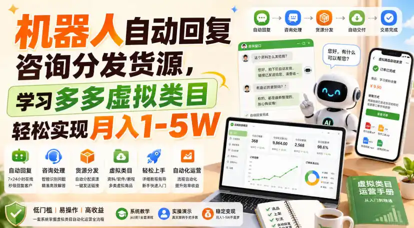 机器人自动回复咨询分发货源，学习多多虚拟类目轻松实现月入1-5W【揭秘】-来缘阁