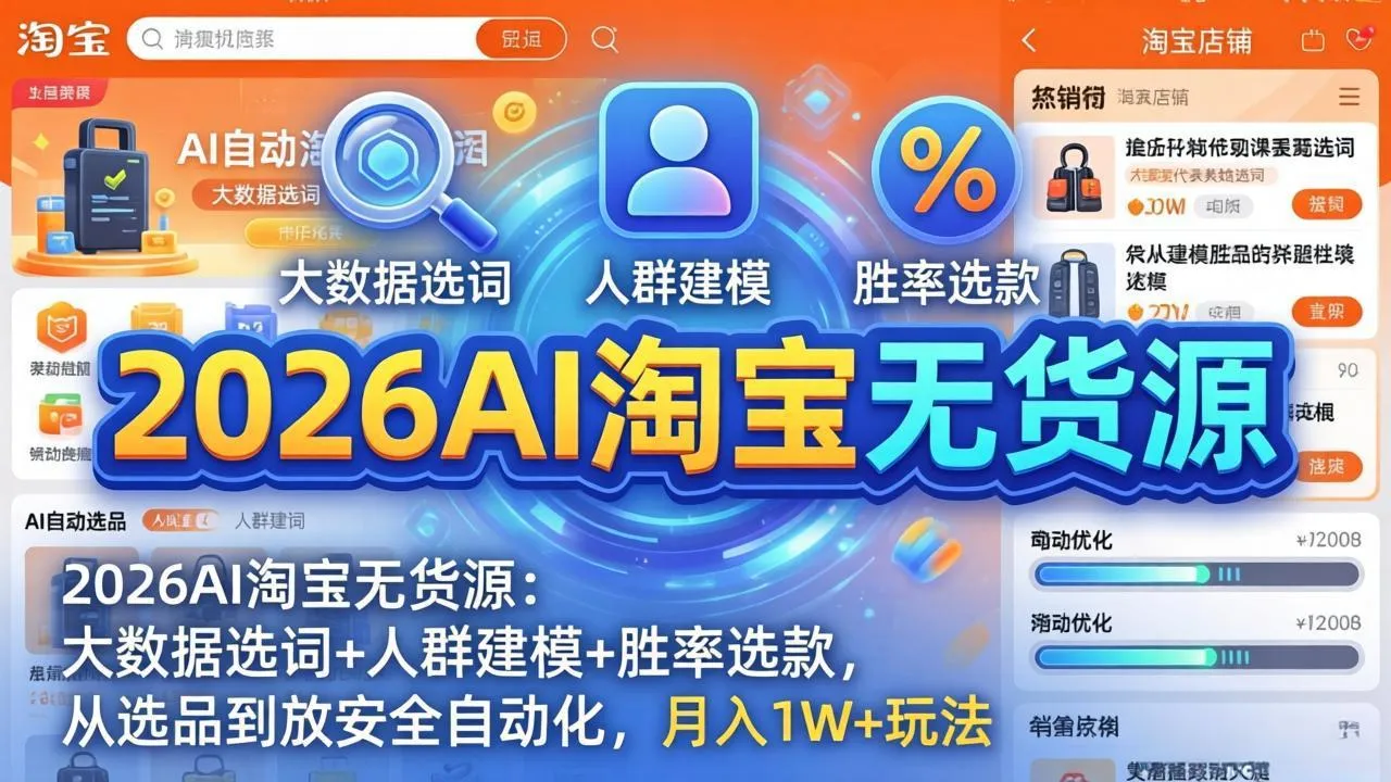 2026AI淘宝无货源：大数据选词+人群建模+胜率选款，从选品到放大全自动化，月入1W+玩法-来缘阁