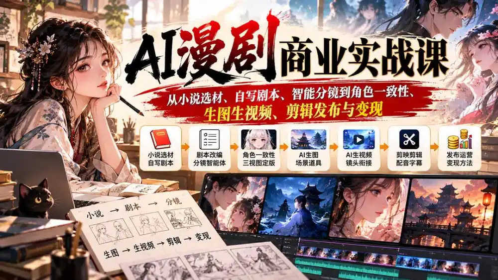 AI漫剧商业实战课:从小说选材、自写剧本、智能分镜到角色一致性、生图生视频、剪辑发布与变现-来缘阁