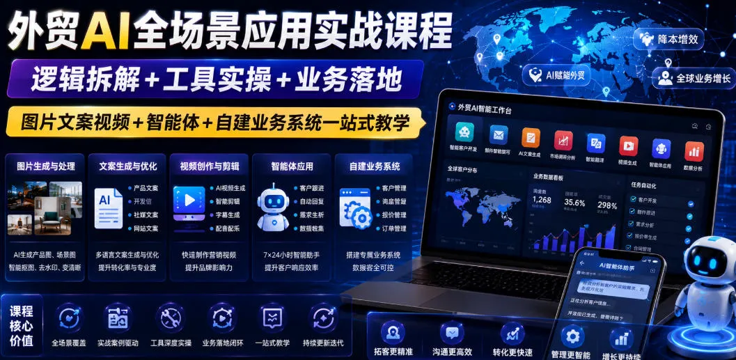 外贸AI全场景应用实战课程｜逻辑拆解+工具实操+业务落地，图片文案视频+智能体+自建业务系统一站式教学-来缘阁