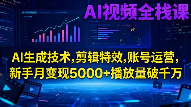 AI视频全栈课:AI生成技术,剪辑特效,账号运营,新手月变现5000+播放量破千万-来缘阁