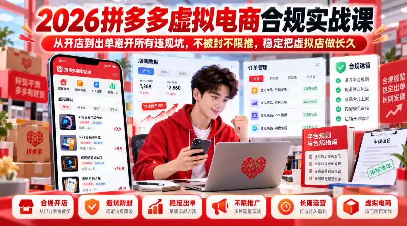 2026拼多多虚拟电商合规实战课，从开店到出单避开所有违规坑，不被封不限推，稳定把虚拟店做长久-来缘阁