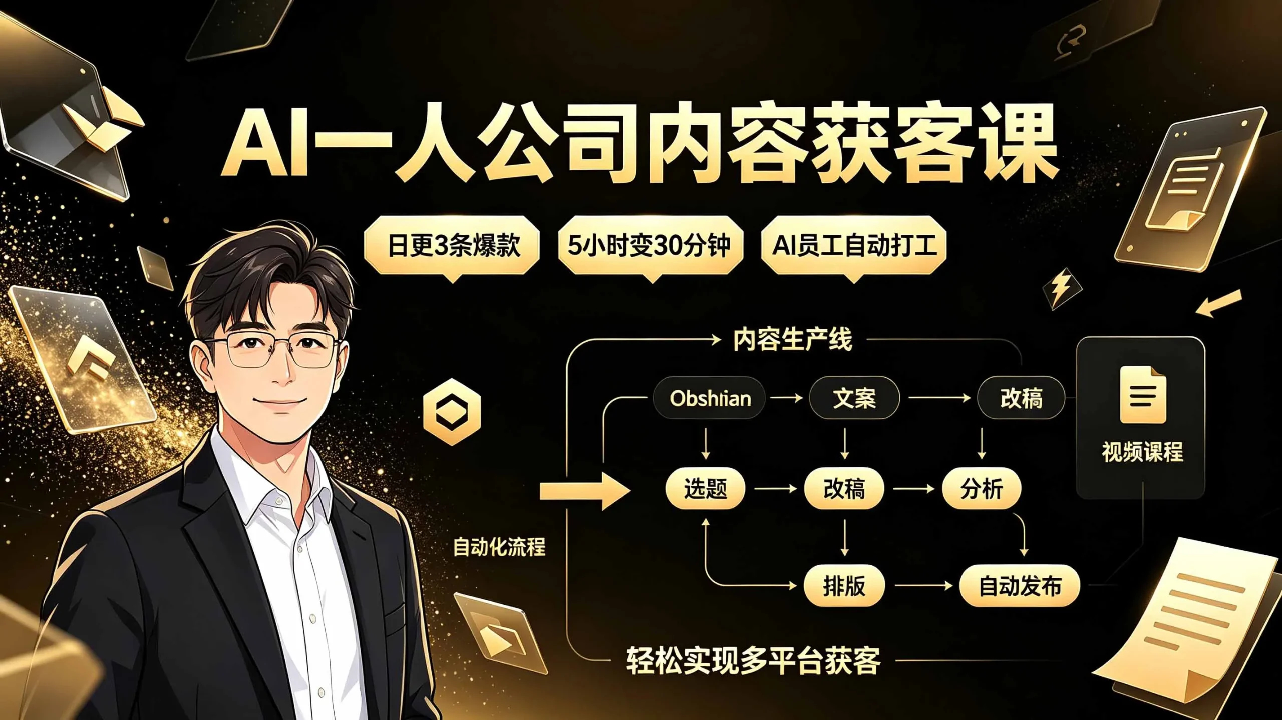 AI一人公司内容获客课：日更3条爆款×5小时变30分钟×AI员工自动打工，轻松实现多平台获客-来缘阁