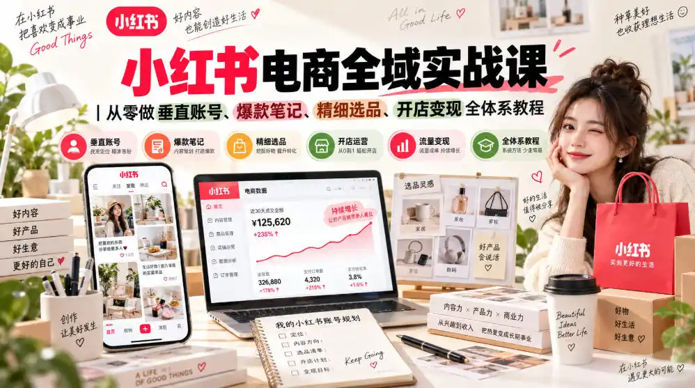 小红书电商全域实战课｜从零做垂直账号、爆款笔记、精细选品、开店变现全体系教程-来缘阁