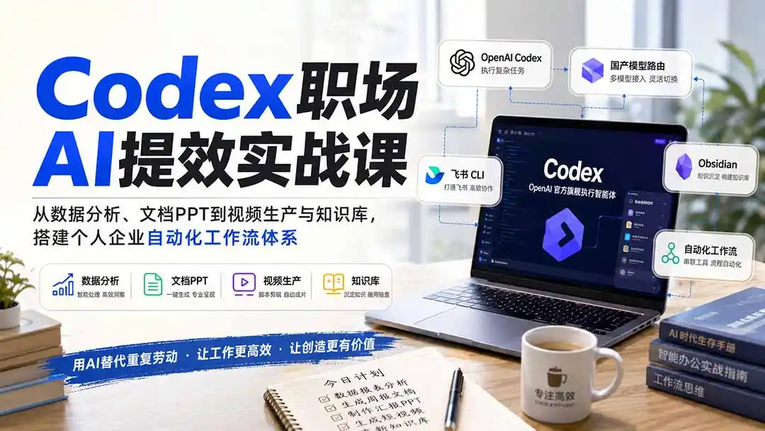 Codex职场AI提效实战课:从数据分析、文档PPT到视频生产与知识库,搭建个人企业自动化工作流体系-来缘阁