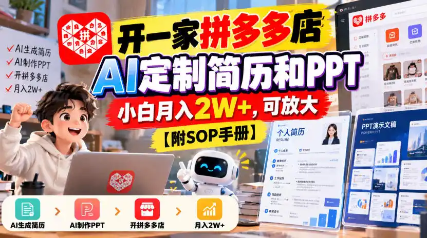 开一家拼多多店,AI定制简历和PPT,小白月入2W+,可放大【附SOP手册】【揭秘】-来缘阁