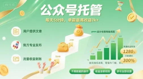 【公众号托管 】我提供文章，你发布，每天5分钟，单篇最高收益1k+【揭秘】-来缘阁