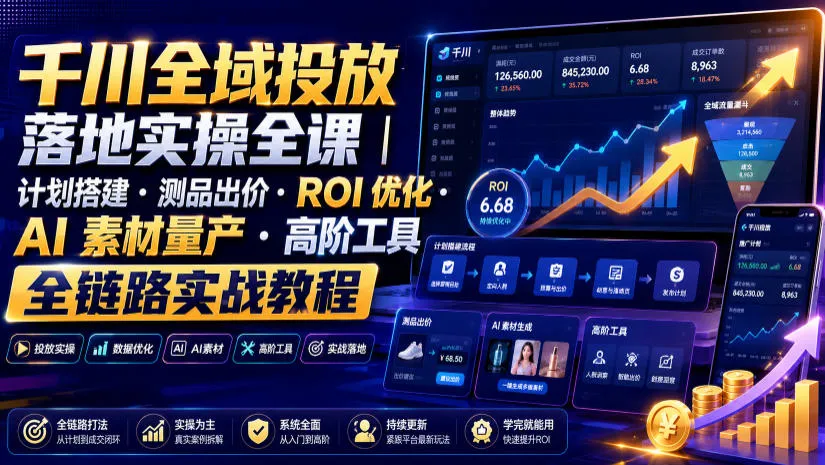 千川全域投放落地实操全课｜计划搭建・测品出价・ROI优化・AI素材量产・高阶工具全链路实战教程-来缘阁