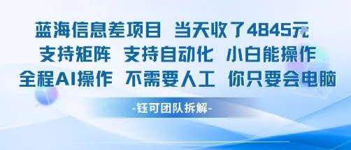 蓝海信息差项目当天收米1k+ 支持矩阵支持自动化小白能操作全程AI操作不需要人工你只要会电脑-来缘阁