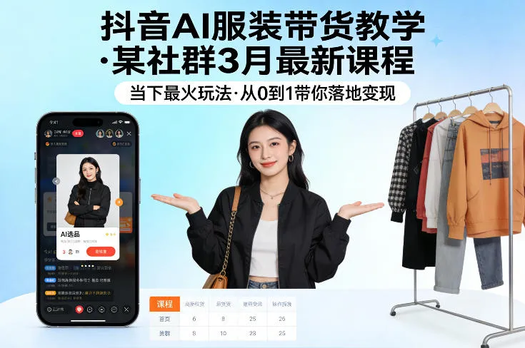 抖音AI服装带货教学,某社群3月最新课程,当下最火玩法,从0到1带你落地变现-来缘阁