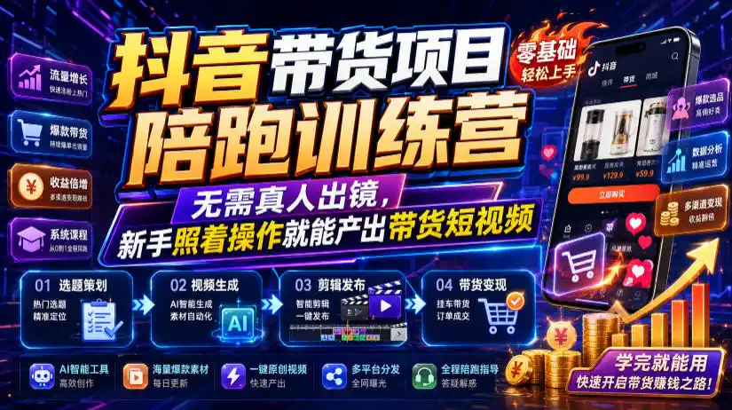 抖音带货项目陪跑训练营，无需真人出镜，新手照着操作就能产出带货短视频(更新0811)-来缘阁