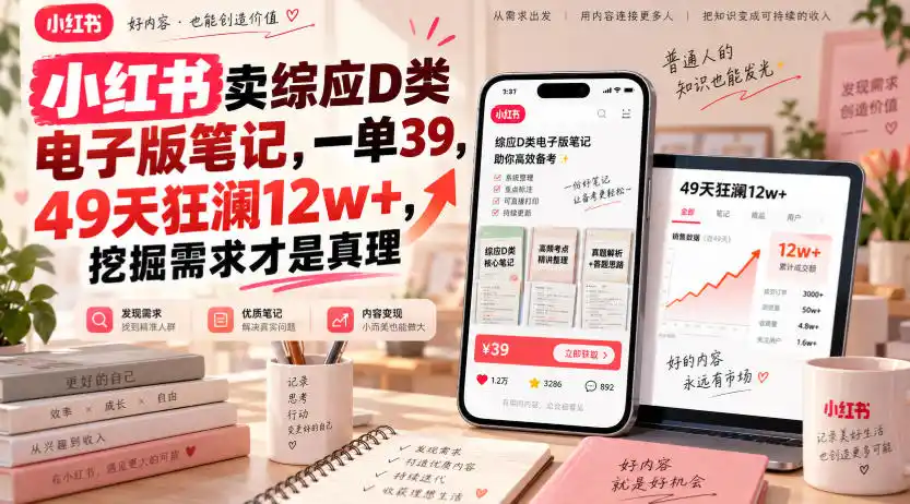 小红书卖综应D类电子版笔记,一单39,49天狂澜12w+,挖掘需求才是真理-来缘阁
